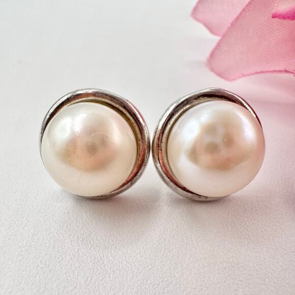 11 mm Pearl Stud Earrings Signed NF 925 Acid Tested Thailand Sterling Silver - Picture 1 of 16